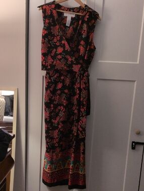 Sag Harbor Black Floral Wrap Maxi Dress with Red & Green Accents